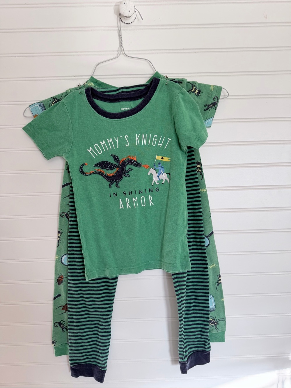 Carter's LOT of 2  Pajama sets Green Dragon 'Mommy's Knight' & Green Bugs